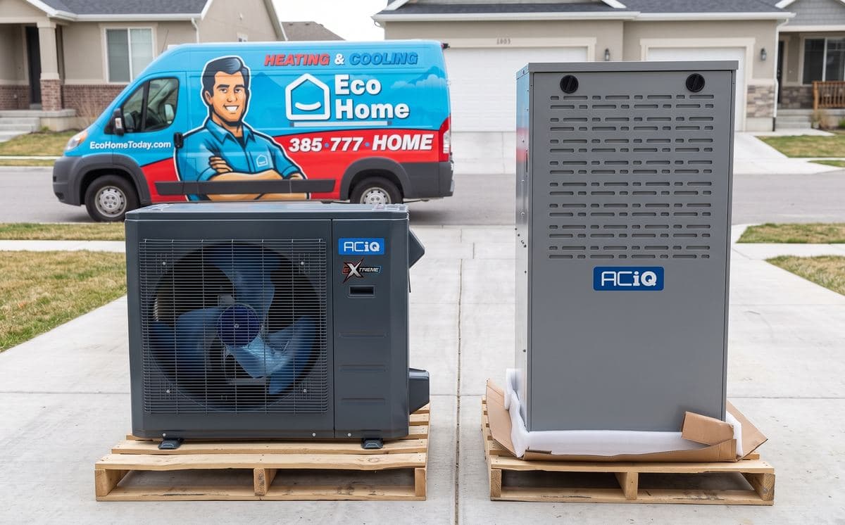 ACiQ heat pump and gas furnace ready for installation, with the Eco Home van behind them
