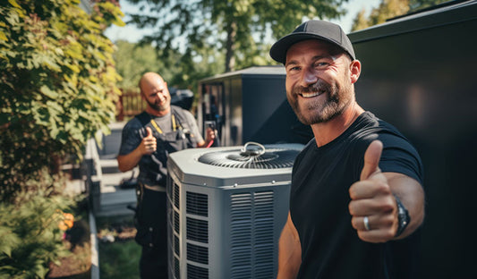 A man giving a thumbs up next to an air conditioner, showcasing eco-friendly home solutions.