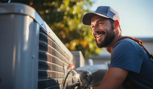 A man with a smile stands beside an air conditioner, providing cool comfort on a warm day.