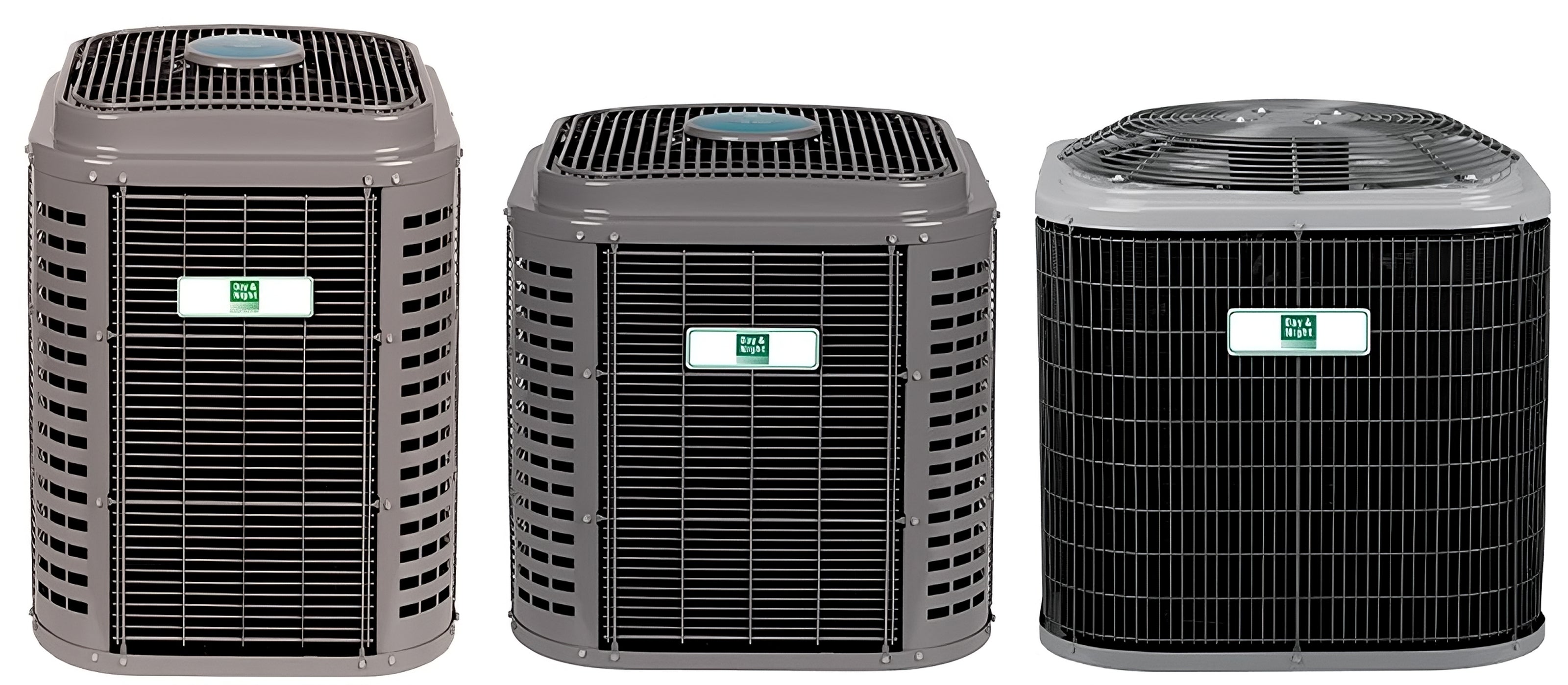Three air conditioners: wall-mounted, portable, and window unit. 